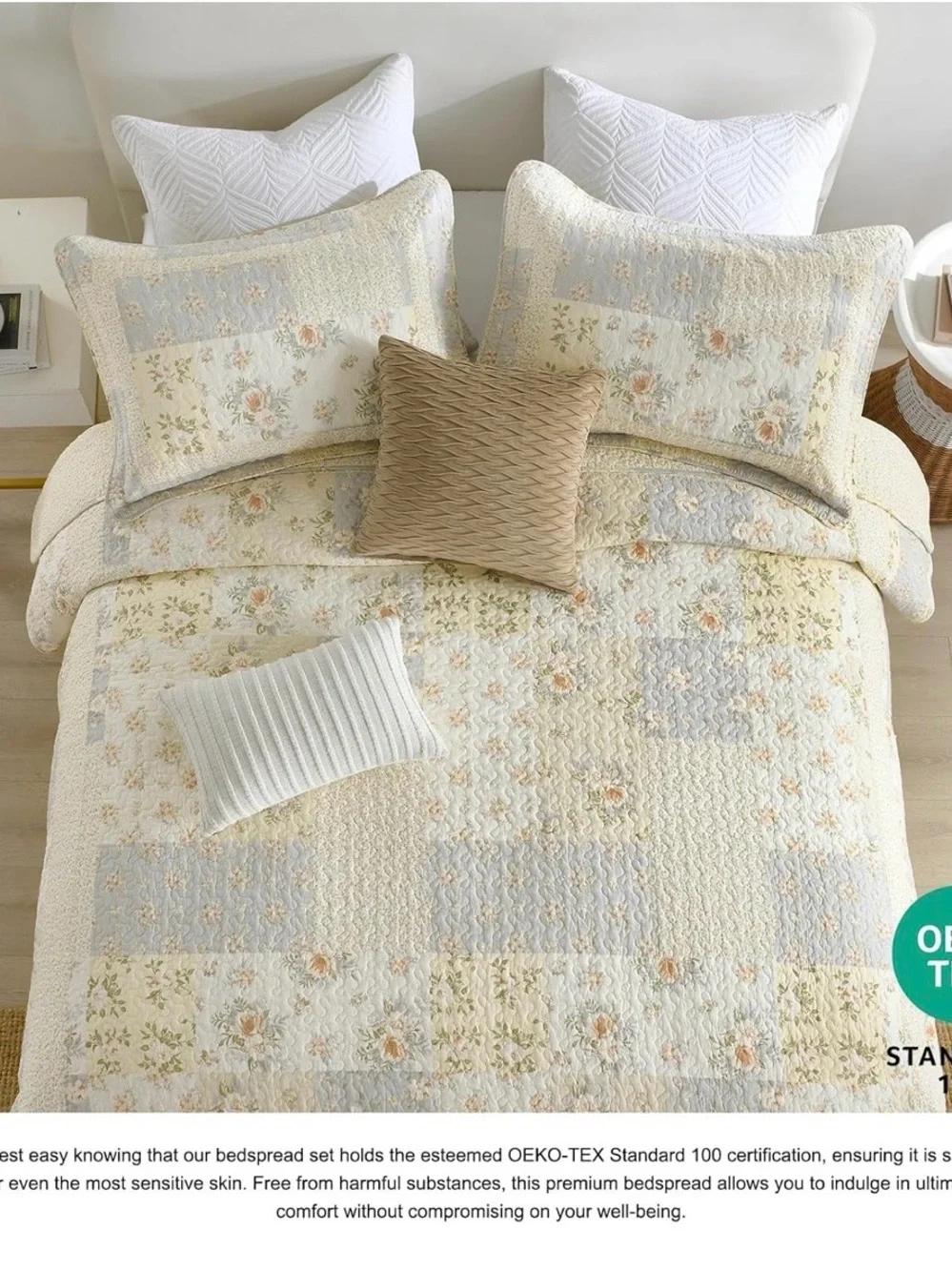 Vintage-Inspired Floral Patchwork Quilt Set in Cream and Light Blue